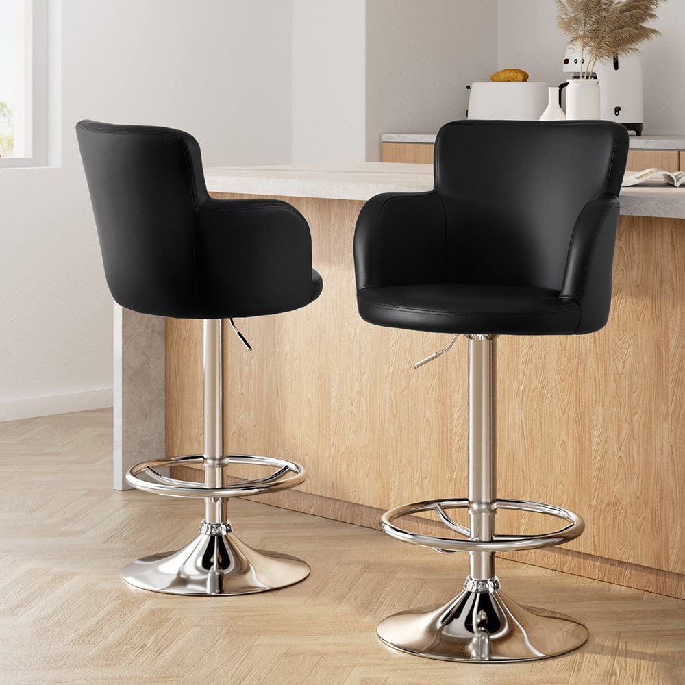 2x Leather Bar Stools Swivel Adjustable Gas Lift PU Counter Chairs Black