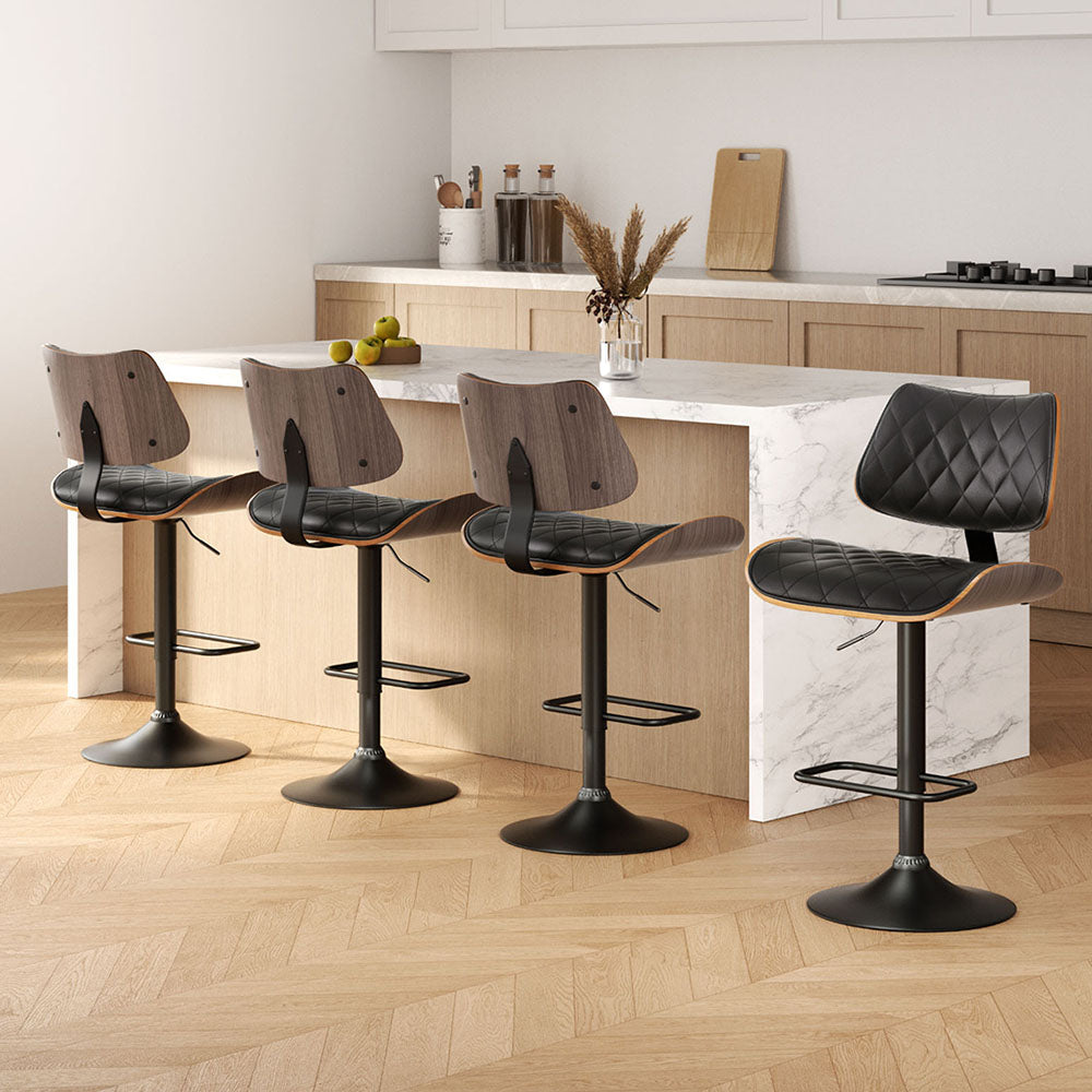 4x Bar Stools Kitchen Dining Chairs Gas Lift Stool Wooden Leather Black