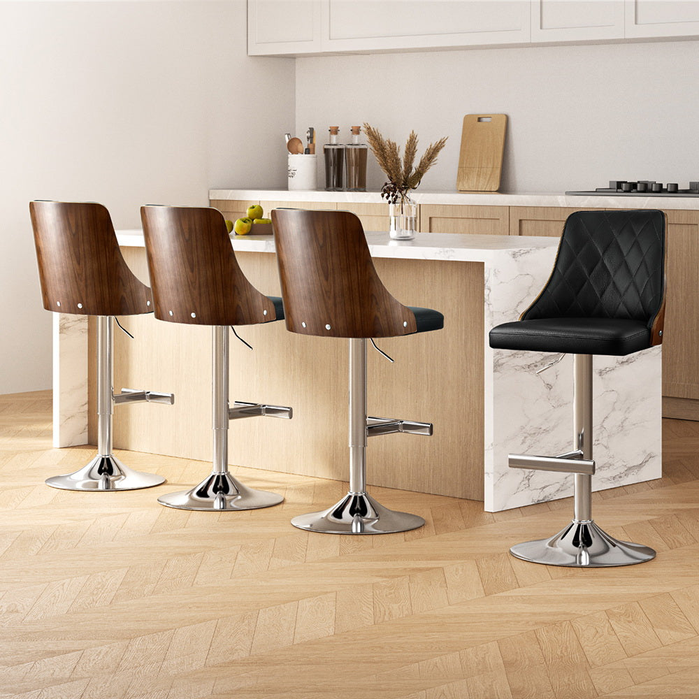 4X Bar Stool Wood Swivel Adjustable Kitchen Counter Stool Leather Black
