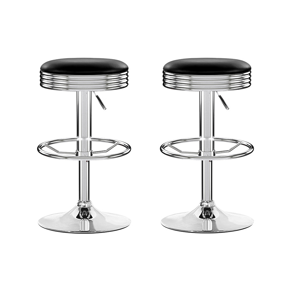 Set of 2 Backless PU Leather Bar Stools - Black and Chrome