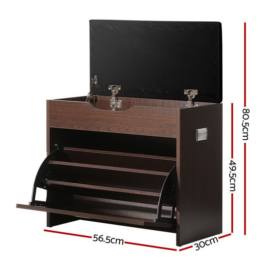 Shoe Rack Cabinet Bench 3-tier 15 Pairs Walnut