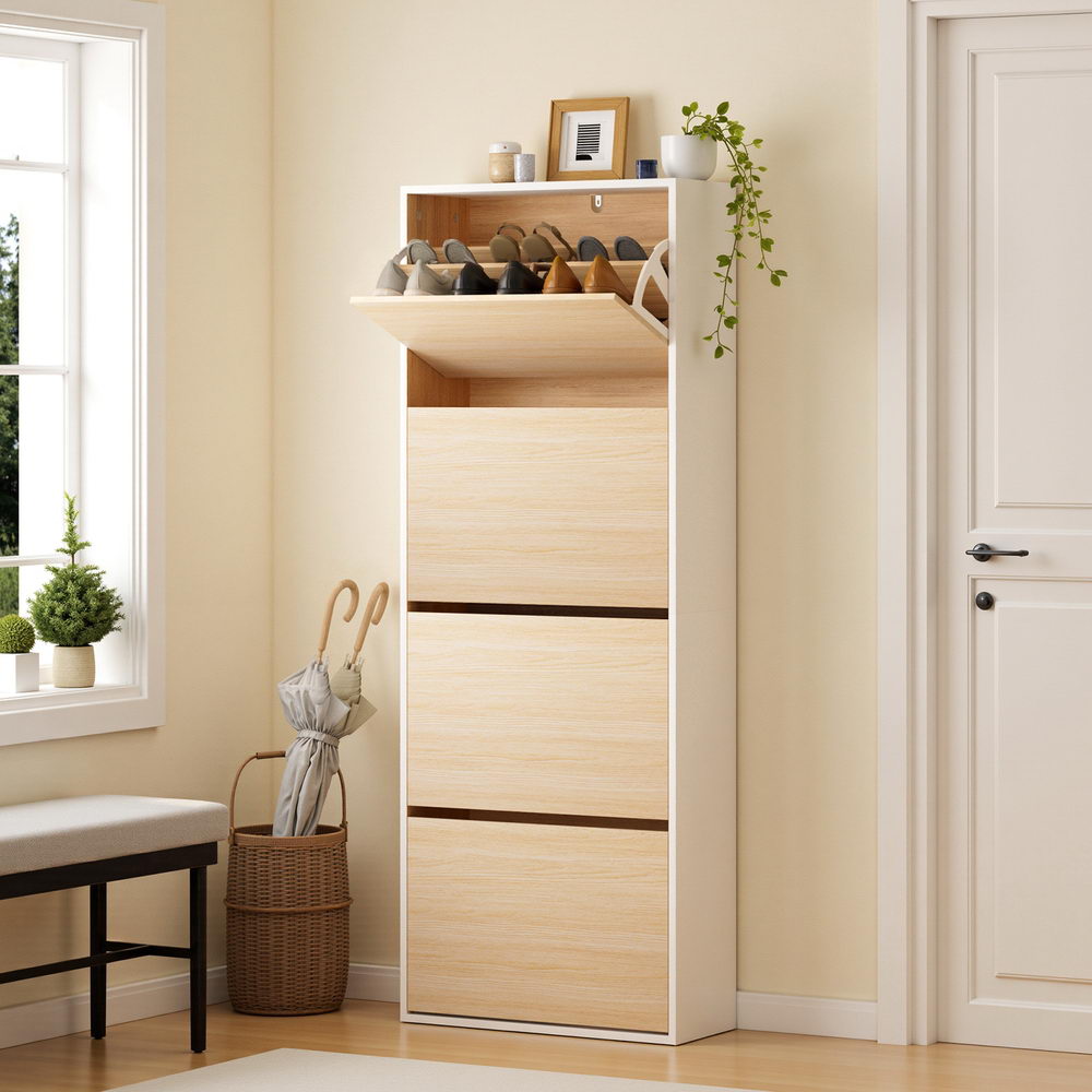 Shoe Rack Cabinet 24 Pairs Adjustable Shelf Pine