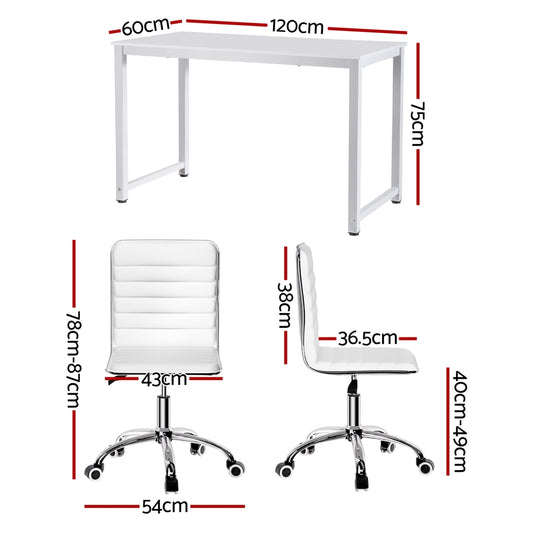Computer Desk 120cm Executive Office Chairs Set PU Leather Low Back White