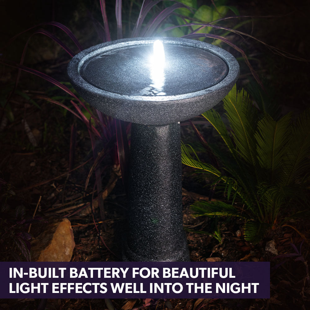 Bird Bath Solar Water Feature Fountain, Contemporary Birdbath Design, with Panel Kit, LED Lights, Dark Grey
