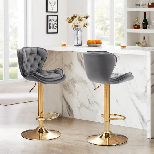 Bar Stools Set of 2 Counter Height Barstools with Back Velvet Upholstered Adjustable Stool Chair Min Century Modern Bar Stool for Kitchen Island (Grey)