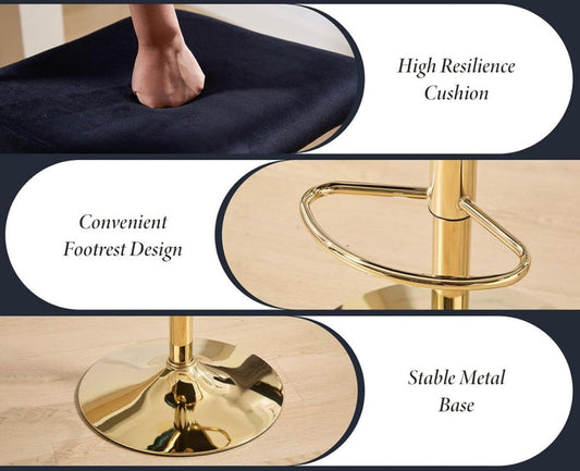 SERENITÃ 2x Velvet Bar Stools with Braided Back Elegant Kitchen High Chairs, Kitchen Island Stools Adjustable Height Swivel Bar Chairs with Gold Legs for Home-Black