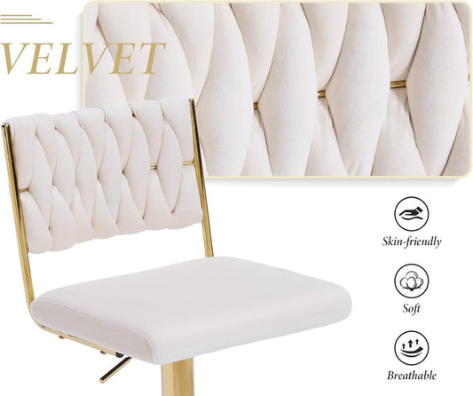 SERENITÃ 2x Velvet Bar Stools with Braided Back Elegant Kitchen High Chairs, Kitchen Island Stools Adjustable Height Swivel Bar Chairs with Gold Legs for Home-White