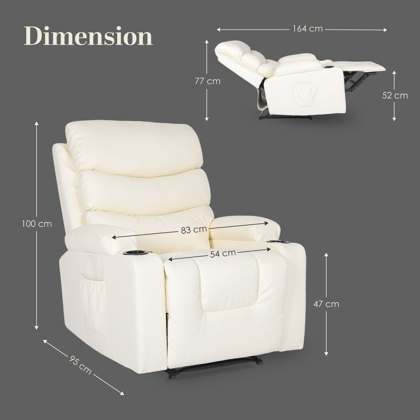 8-Point Electric Massage Recliner Chair - PU Leather Lounge Sofa Armchair CELINA CREAM