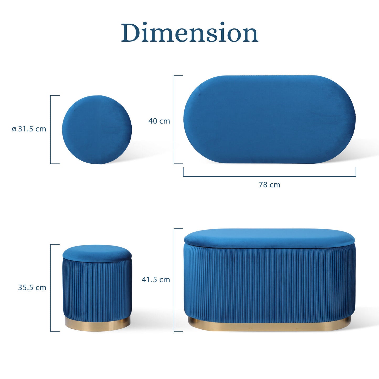3 Piece Set Storage Ottoman - Blanket Box Velvet Padded Bench Stool FAYE BLUE