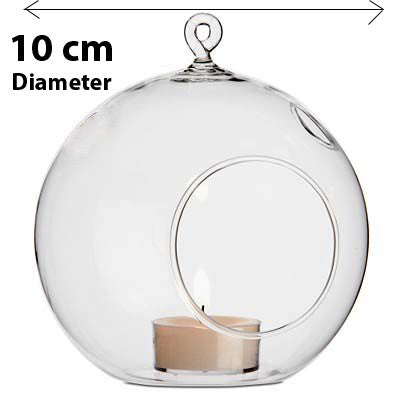 4 x Hanging Clear Glass Ball Tealight Candle Holder - 10cm Diameter / High - Wedding Globe Decoration Terrarium Succulent Plant Mini Garden Holder Decor Craft Gift