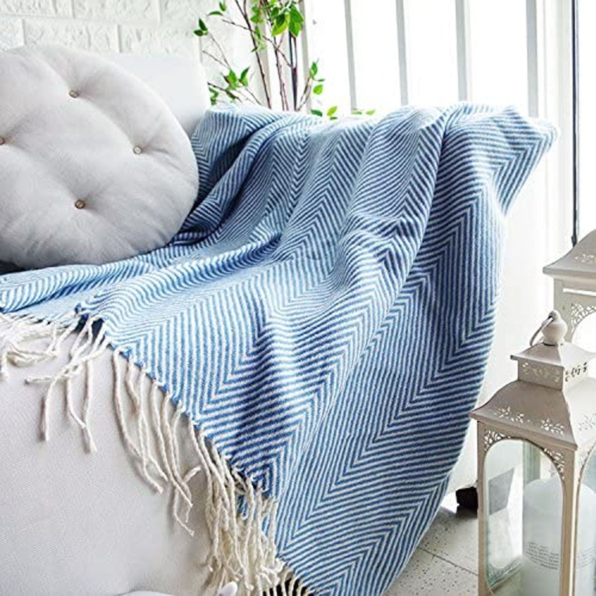 Atlantis Herringbone Blue Knitted Throw Rug