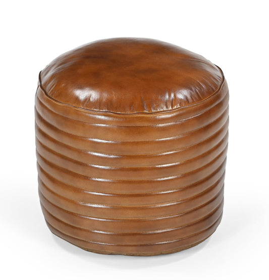 CARAMEL GROOVED LEATHER OTTOMAN
