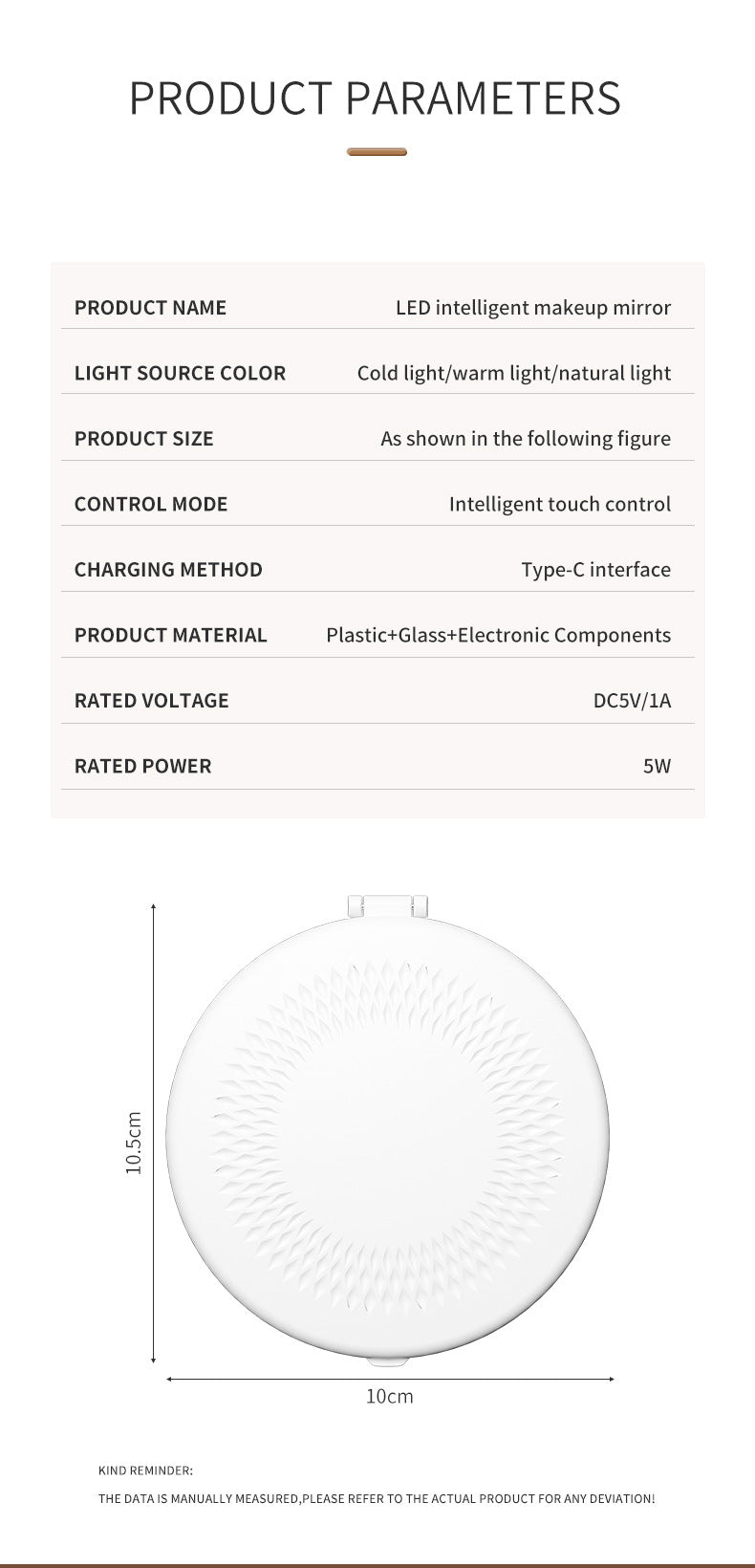 White Portable LED Makeup Mirror with Tricolor Lights - Rechargeable Folding Travel Mirror