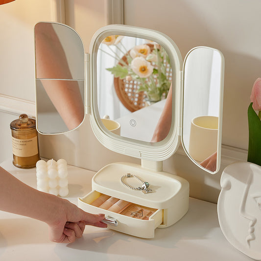 Milky White LED Lighted Tri-Fold Makeup Mirror with Storage Drawer & Magnification(USB Charging Port)