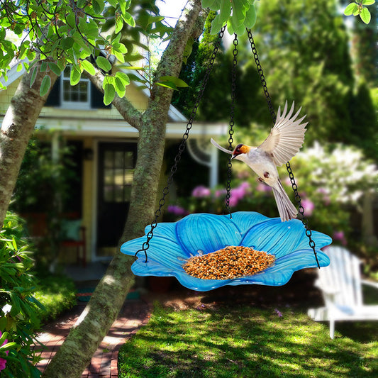 Blue Decorative Hanging Glass Flower Bird Bath - 10 Inch Vibrant Outdoor Garden Accent