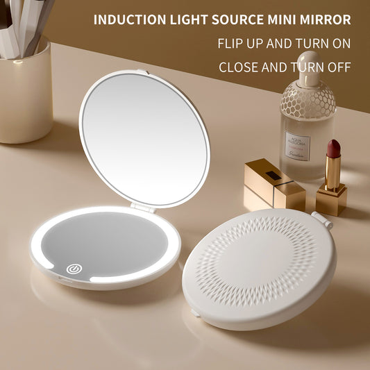 Yellow LED Travel Makeup Mirror - Rechargeable Compact Mirror with 3 Color Lights, 1x/5x Magnification & Smart Auto On/Off