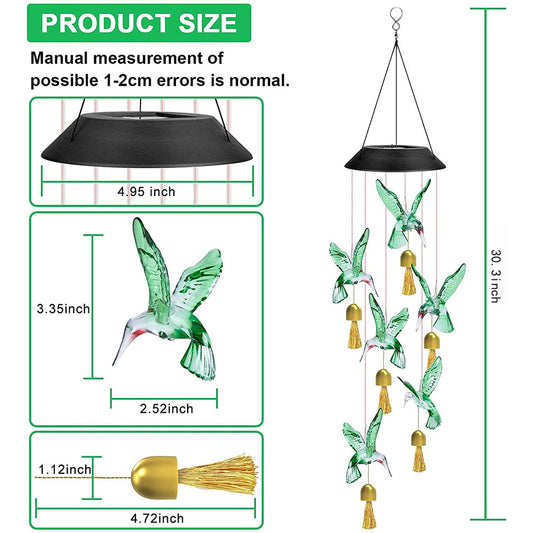 Blue Solar Powered Hummingbird Wind Chime(Without bell) - Color-Changing LED Hanging Garden Light Outdoor Decor