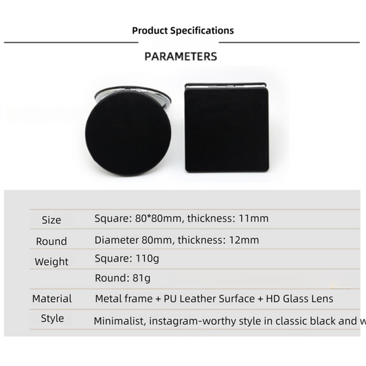 4-Pack Black Jumbo Round Portable Makeup Mirror(8x8CM) - Pocket Cosmetic Mirror for Touch-Ups, PU Leather Cover & Metal Frame