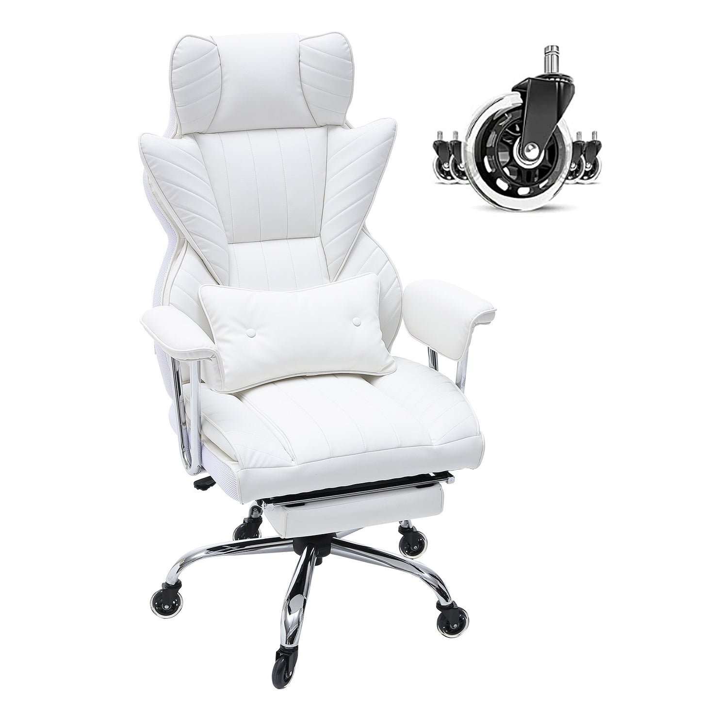 Reclining Office Chair with Footrest, Heavy Duty PU Leather Wide Office Chair, Big and Tall Executive Office Chairs with Lumbar Support, Strong Metal Base Quiet Wheels, White
