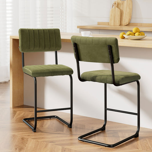 2x Bar Stools Velvet Chairs Green