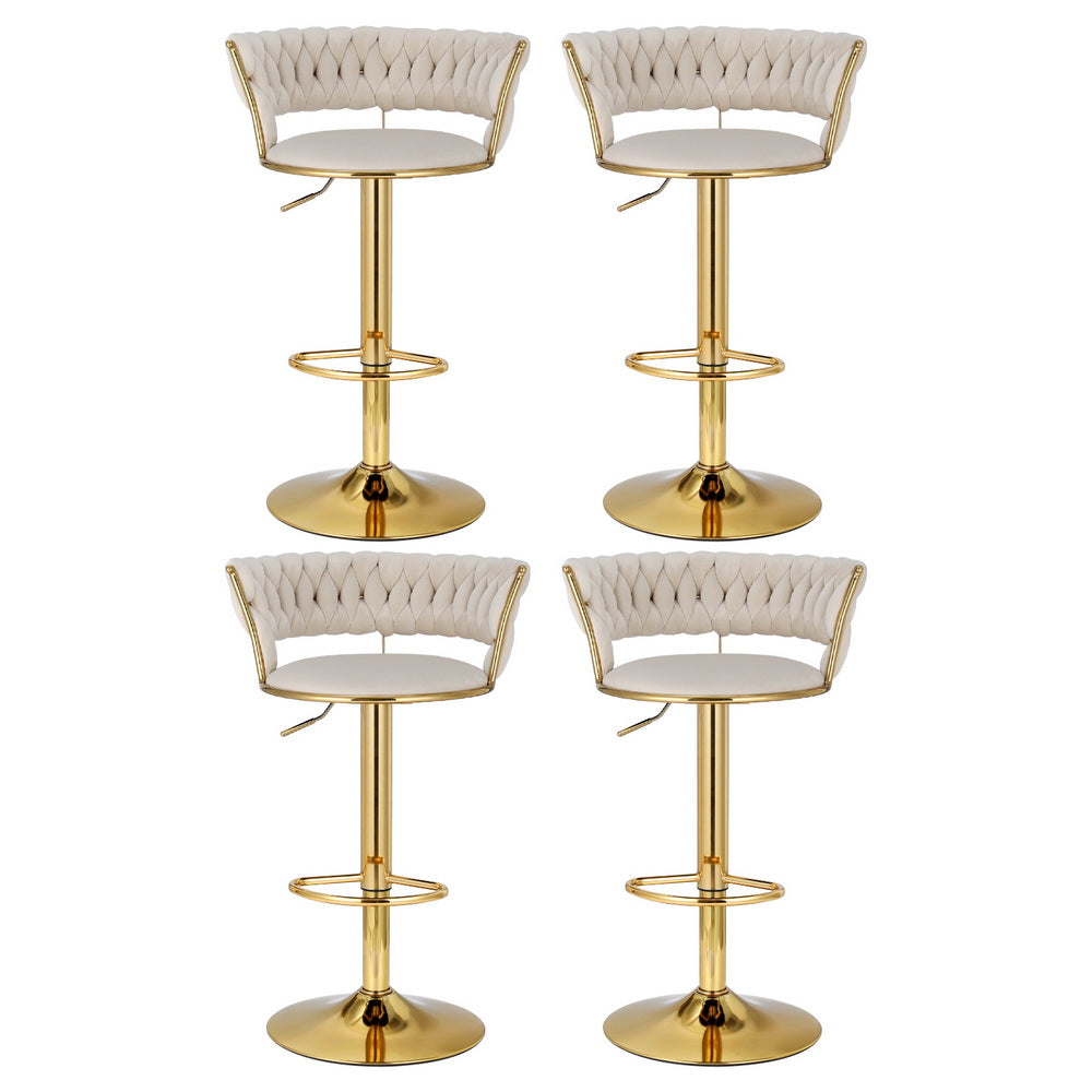 4x Bar Stools Gas Lift Velvet Woven Backrest Ivory