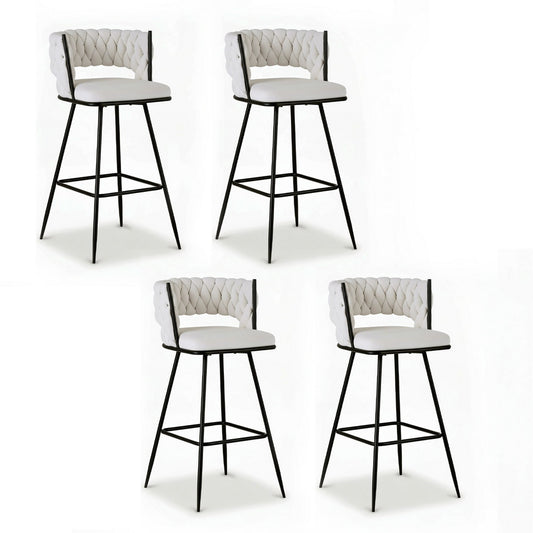 4x Bar Stools Kitchen Dining Chair Counter Stool Woven Velvet Metal Ivory