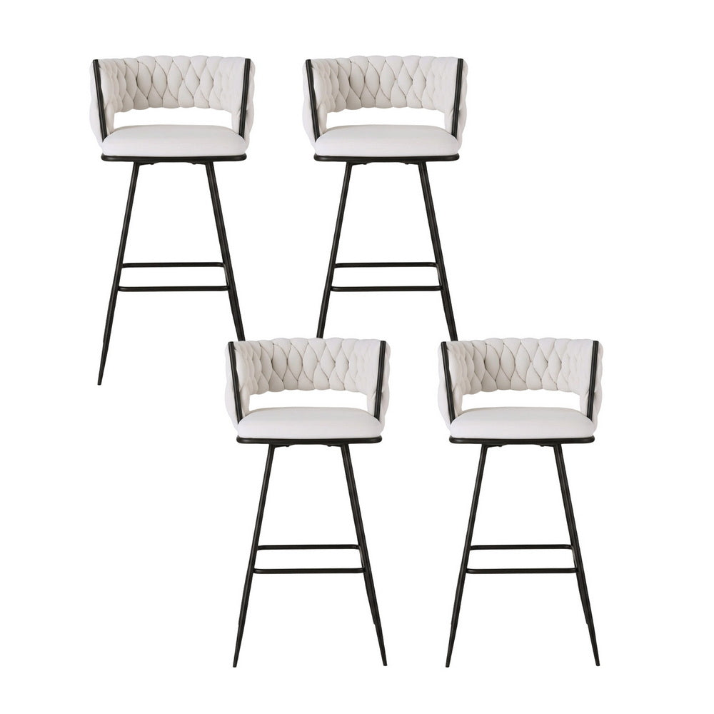 4x Bar Stools Kitchen Dining Chair Counter Stool Woven Velvet Metal Ivory