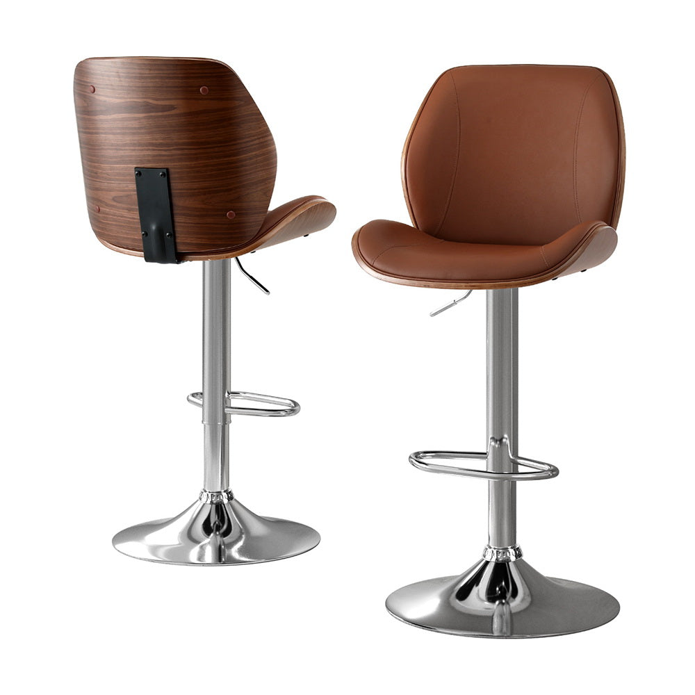 2X Bar Stools Bentwood Adjustable Kitchen Counter Chair Leather Brown
