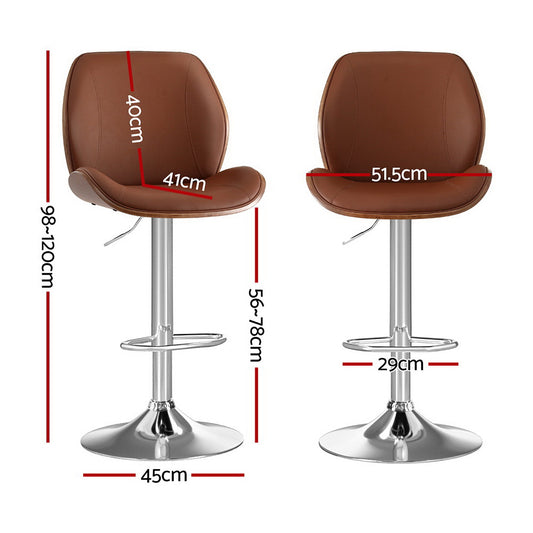 2X Bar Stools Bentwood Adjustable Kitchen Counter Chair Leather Brown