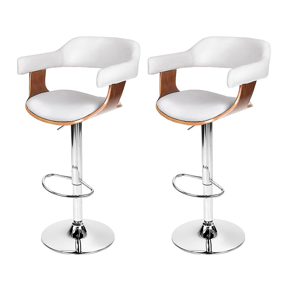 2x Bar Stools Gas Lift Leather w/Armrest White
