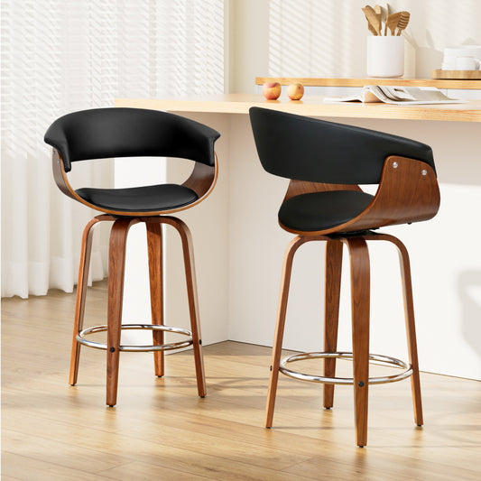 2x Bar Stools Swivel PU Seat Wooden