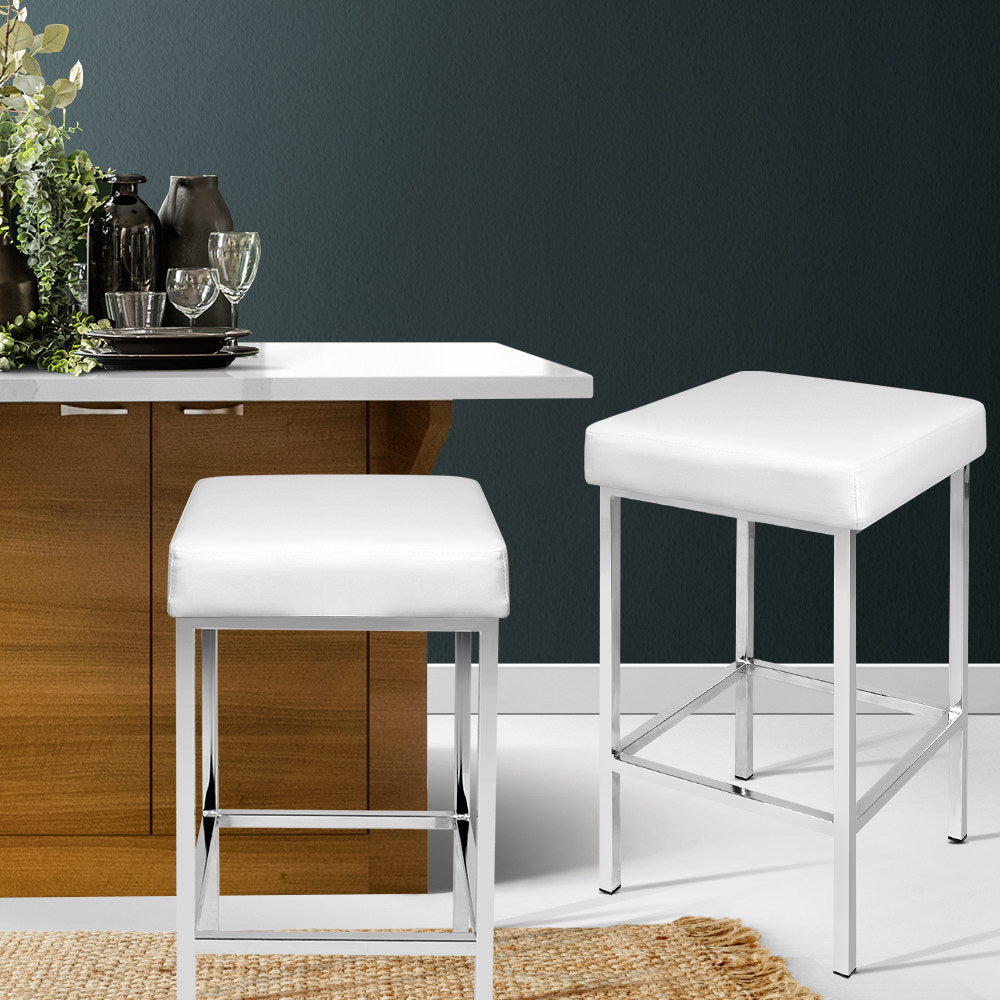 2x Bar Stools Leather Padded Metal White