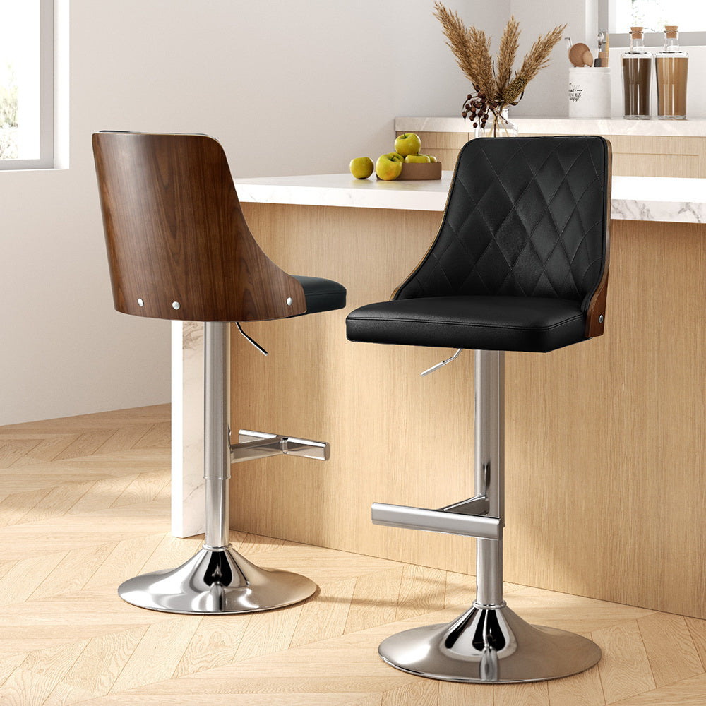 2X Bar Stool Wood Swivel Adjustable Kitchen Counter Stool Leather Black