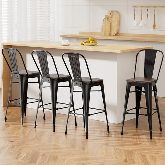 4xMetal Bar Stools Wooden Seat Retro Counter Stool