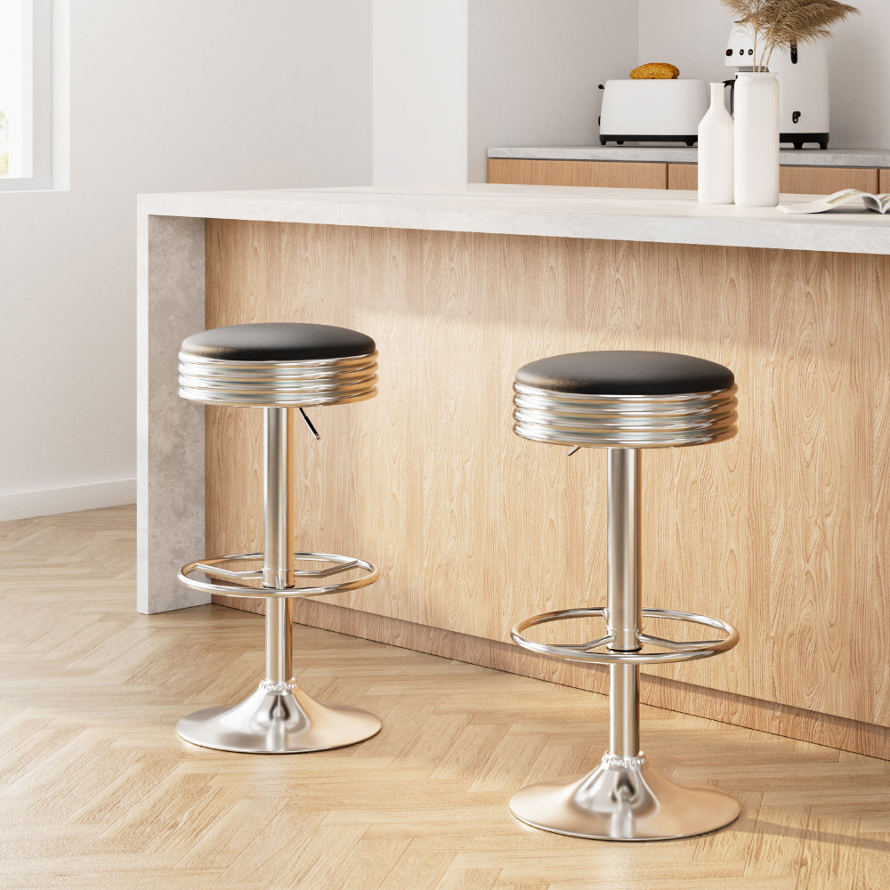 Set of 2 Backless PU Leather Bar Stools - Black and Chrome