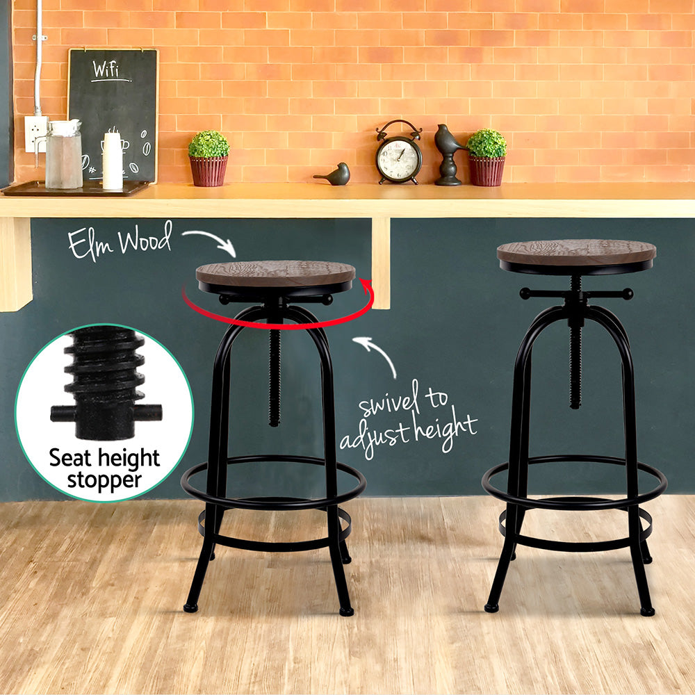 2x Bar Stools Adjustable Wood Chairs