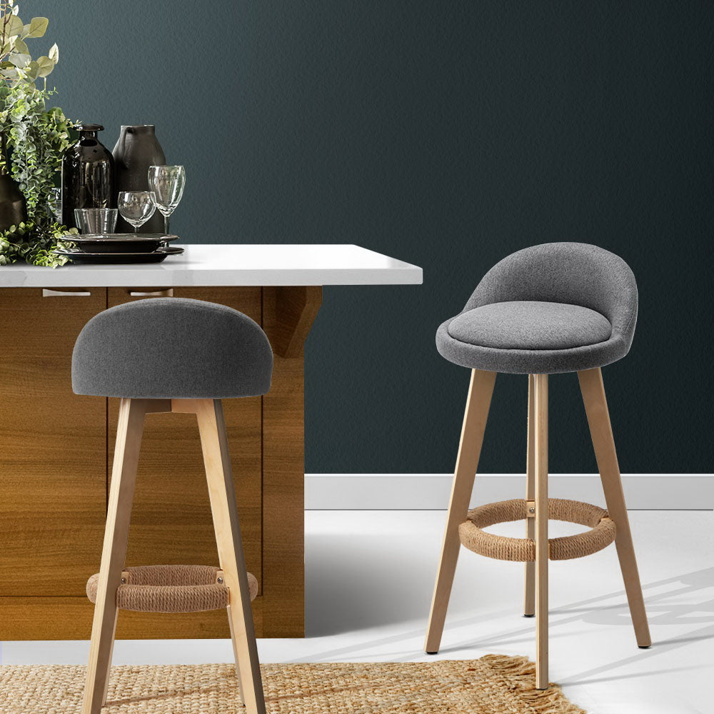 2x Bar Stools Padded Linen Wooden Grey