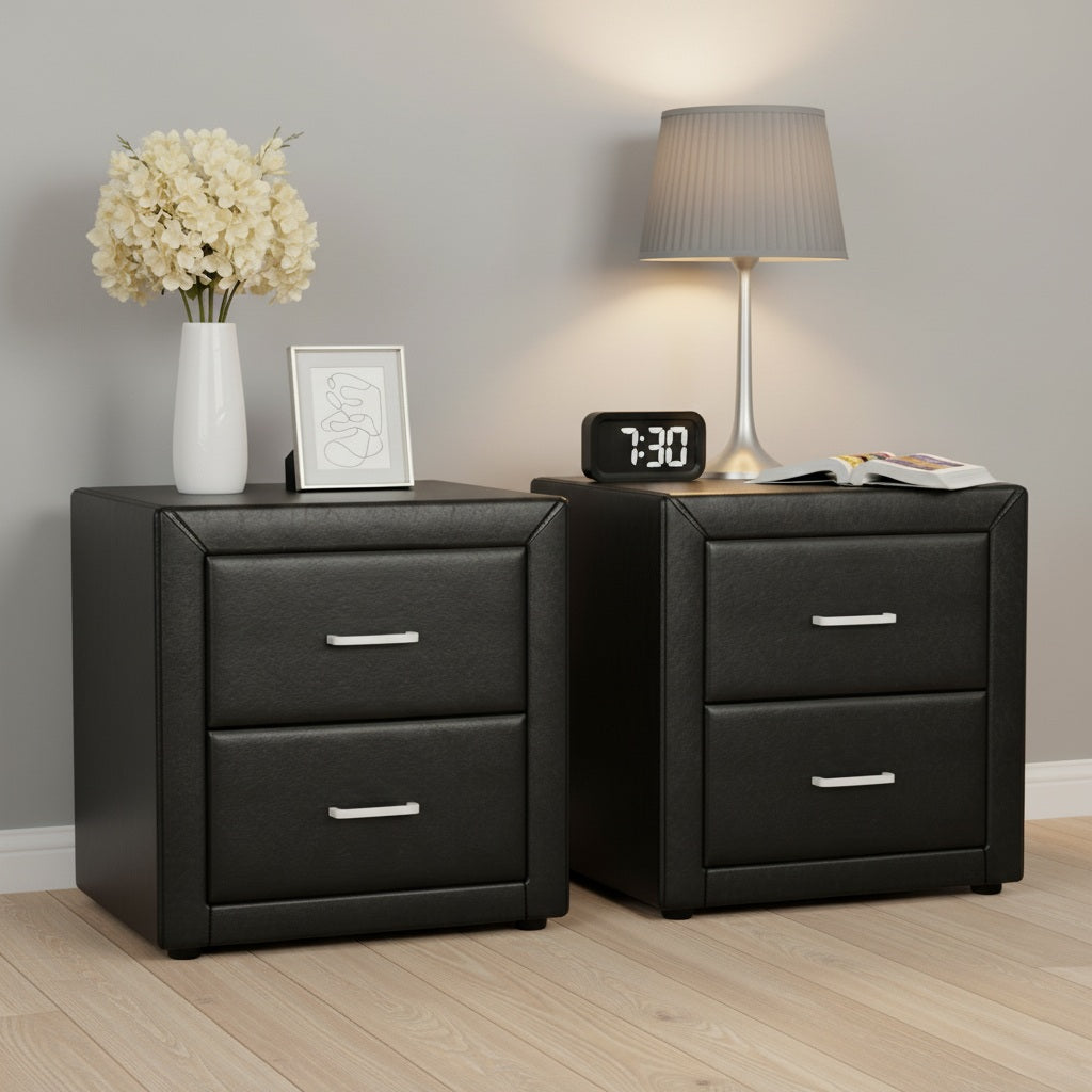 2X Bedside Table 2 Drawers Side Table Leather - CADEN Black