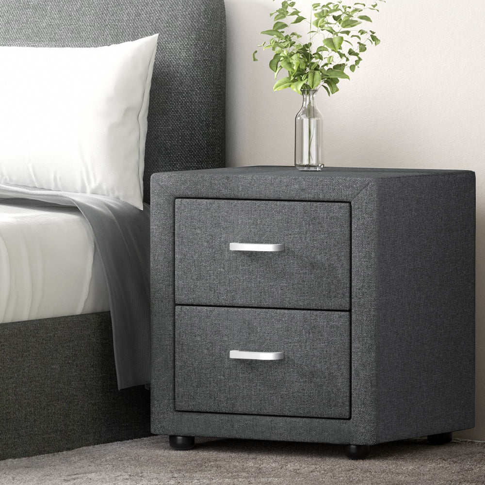 2X Bedside Table 2 Drawers Side Table Fabric - CADEN Grey