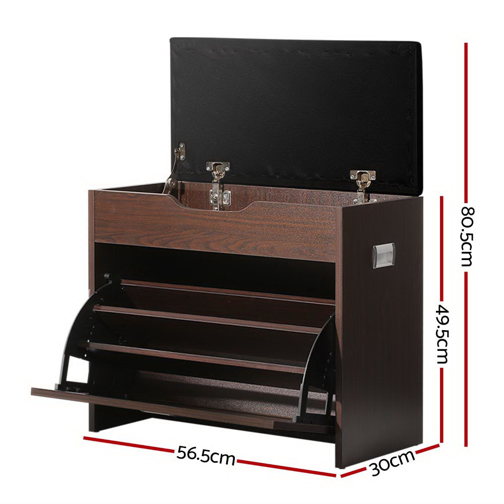 Shoe Rack Cabinet Bench 3-tier 15 Pairs Walnut
