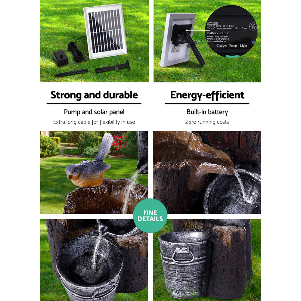 Solar Water Feature Cascading Fountain 3-Tier Bucket LED light Bird 76CM