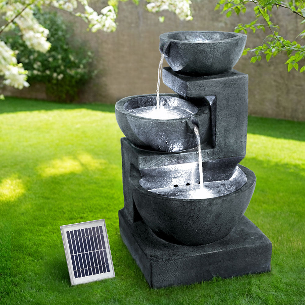 Solar Water Feature Cascading Fountain 3-Tier Bowl LED Lights 60CM Blue