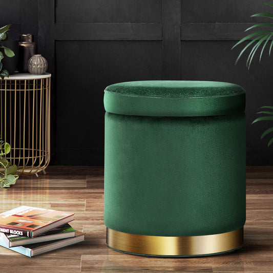 Ottoman Storage Foot Stool Round Velvet Green