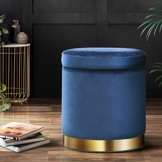 Ottoman Storage Foot Stool Round Velvet Navy