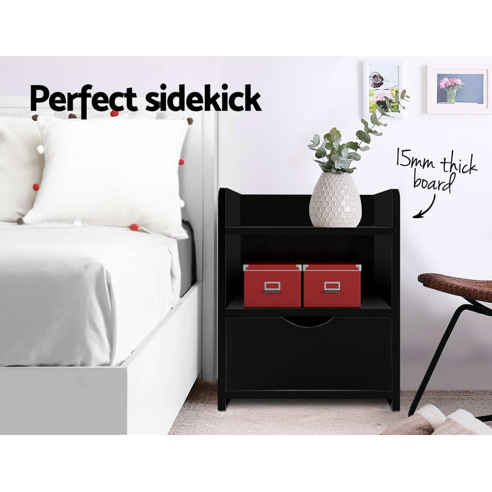 Bedside Table 1 Drawer with Shelf - FARA Black