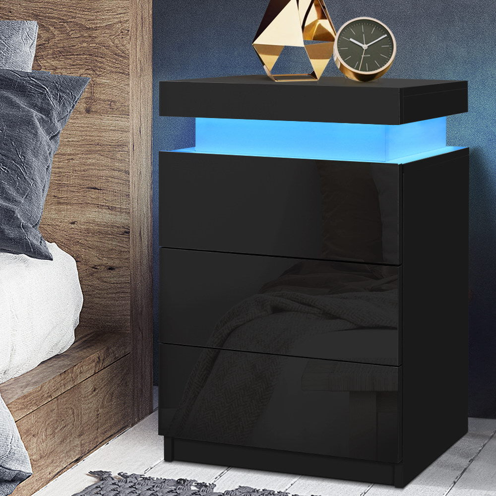 Bedside Table LED 3 Drawers - COLEY Black