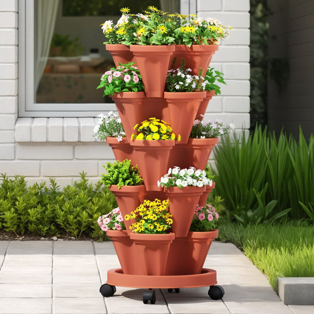 5 Tier Vertical Garden Brick Red Strawberry Stackable Planters Herbs Petunias