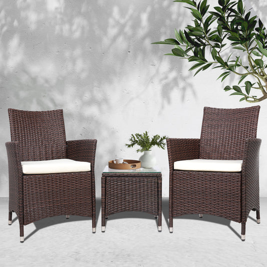 3PC Outdoor Bistro Set Patio Furniture Wicker Setting Chairs Table Cushion Brown