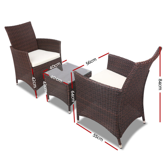 3PC Outdoor Bistro Set Patio Furniture Wicker Setting Chairs Table Cushion Brown