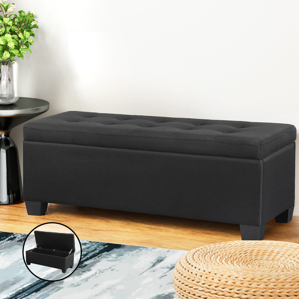 Artiss Storage Ottoman Blanket Box 97cm Linen Black